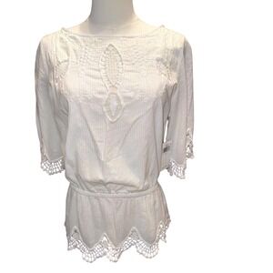 Lauren Ralph Lauren White Cotton Embroidered Eyelet Waist Cinched Top Size L NEW